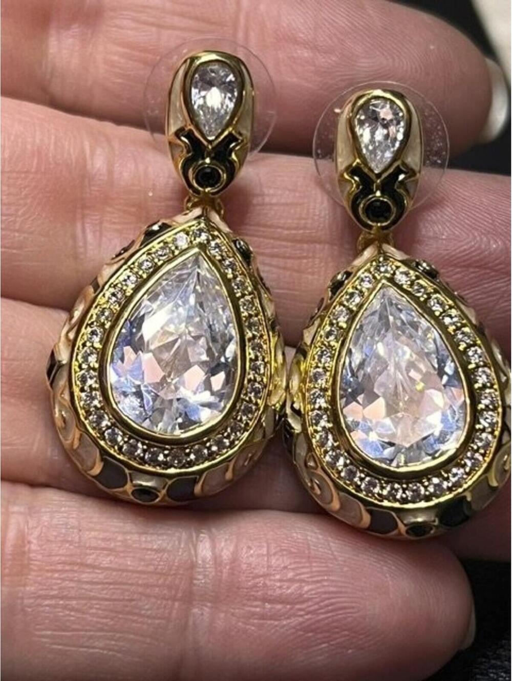 B5268 Lauren G Adams Dangle Drop Earrings Gold Tone Black Cream Enamel CZ